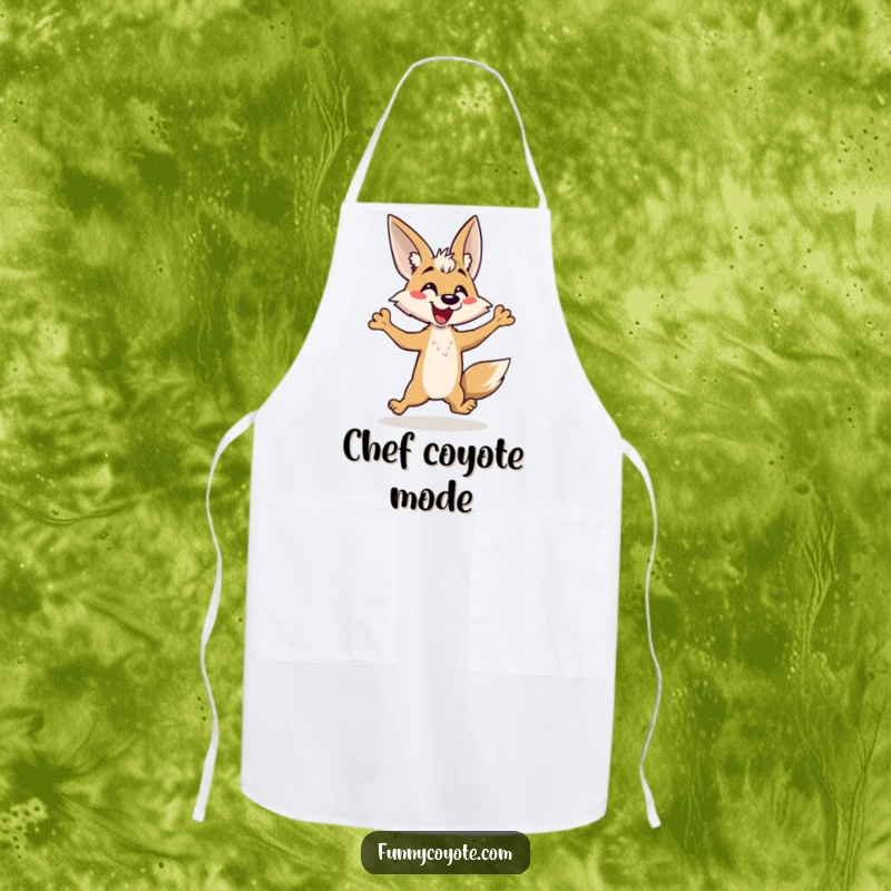 Funny Kawaii Coyote Apron featuring a coyote's comical hop, perfect for adding humor to kitchen activities.