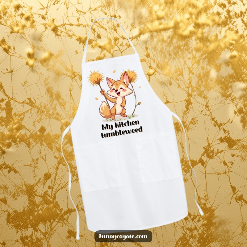 Funny Kawaii Coyote Apron depicting a coyote playfully chasing a tumbleweed, adding humor to the kitchen.