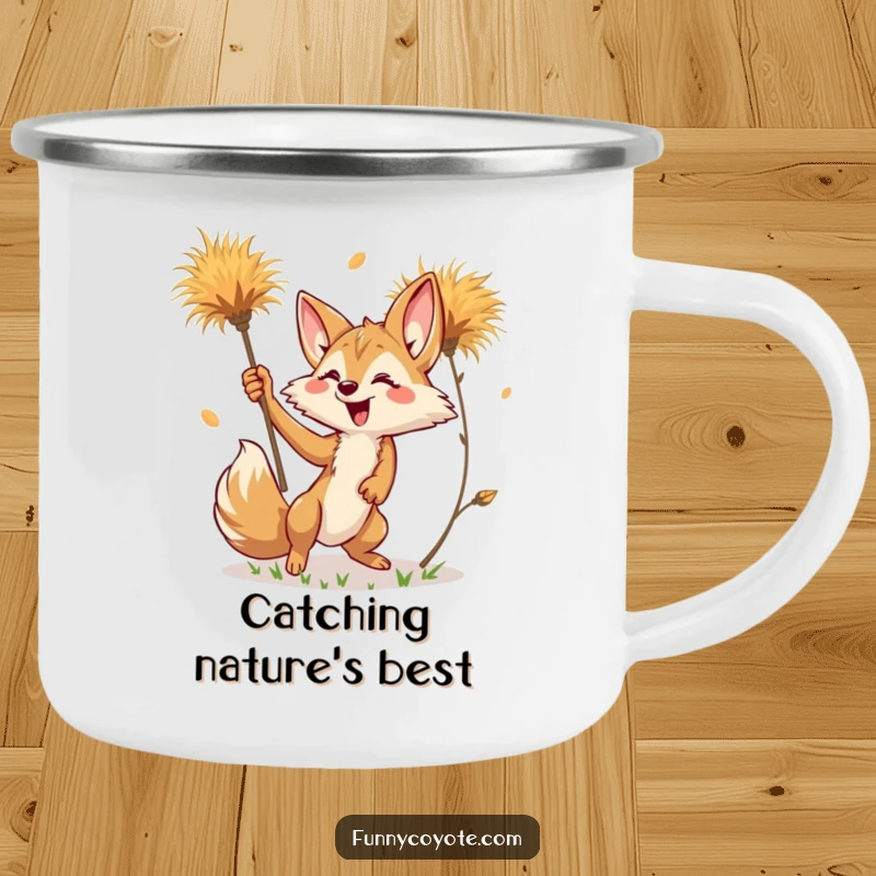 Funny Kawaii Coyote Camping Mug showing a coyote reaching for a tumbleweed, ideal for humorous outdoor sipping.