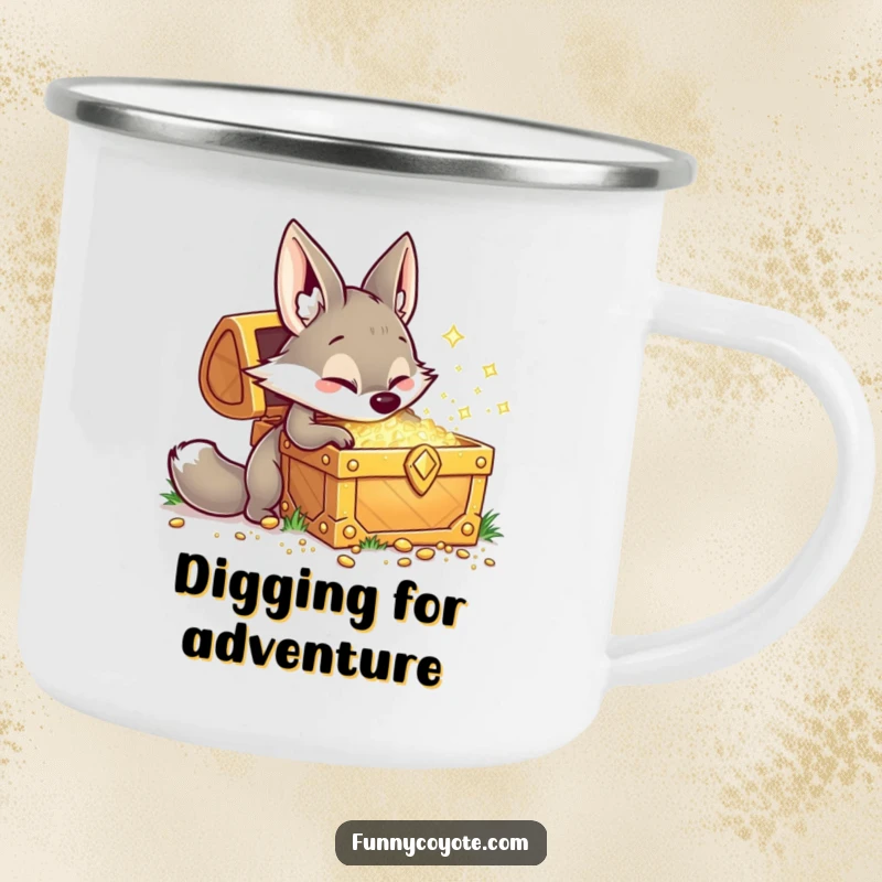 Funny Kawaii coyote digging at a sparkling treasure chest on a camping mug, bringing playful adventure and excitement to outdoor sips.