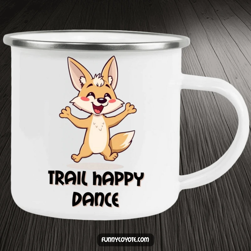 Funny Kawaii Coyote Camping Mug showing a coyote hopping energetically, ideal for humorous outdoor enjoyment.