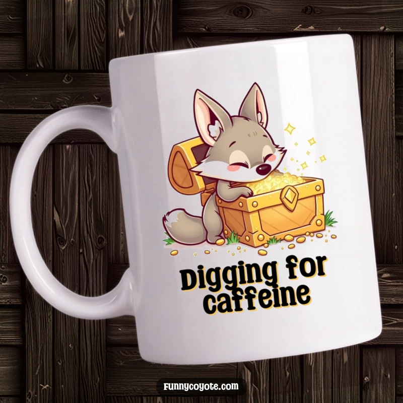 Funny Kawaii coyote playfully digging into a giant, sparkling treasure chest with an excited grin, capturing the thrill of the hunt on a mug.