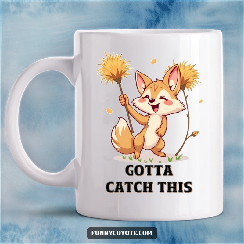Funny Kawaii Coyote Mug depicting a coyote playfully reaching for a falling tumbleweed in a humorous desert scene.