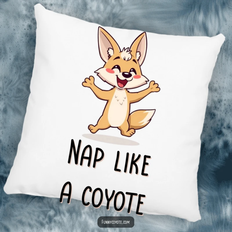 Funny Kawaii Coyote Pillow showing a frisky coyote mid-hop, bringing a comical and cheerful vibe to any room.