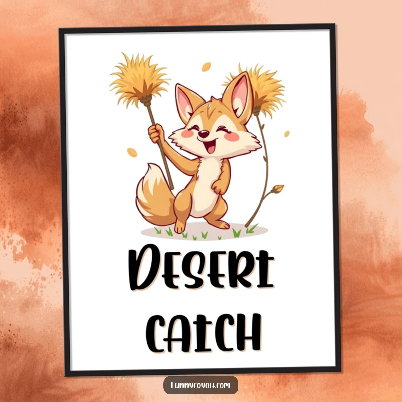 Funny Kawaii Coyote Digital Art Print of a coyote reaching for a falling, vibrant tumbleweed.