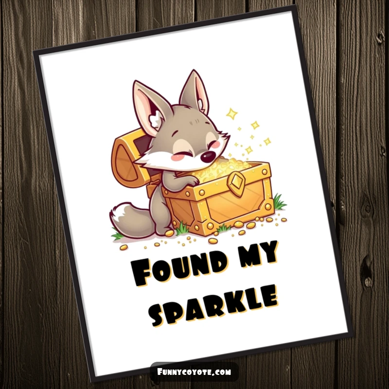 Funny Kawaii coyote playfully digging at a giant, sparkling treasure chest with an excited grin on a digital art print.