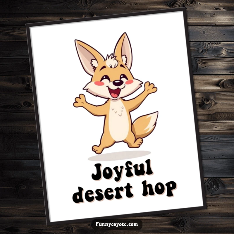 Funny Kawaii Coyote Digital Art Print of a coyote in a comical, energetic hop with a happy yap.