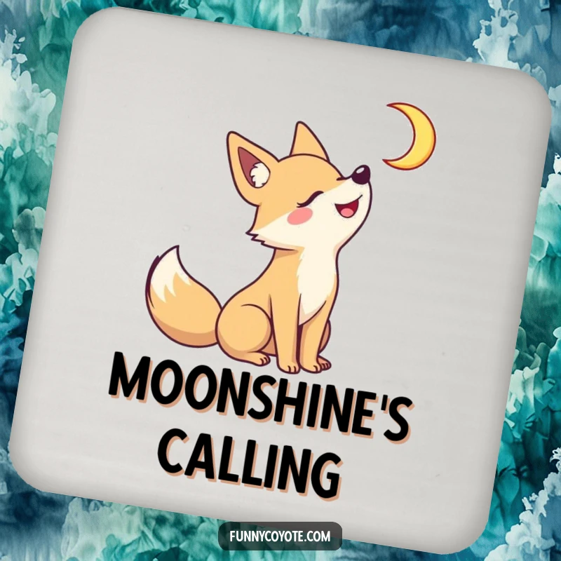 Funny Kawaii coyote howling at a crescent moon on a drink coaster, its grinning face adding playful nocturnal protection.