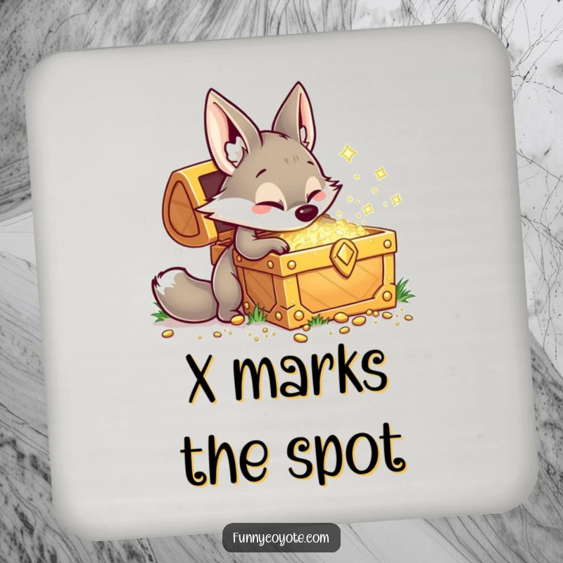 Funny Kawaii coyote digging at a sparkling treasure chest on a drink coaster, its grinning face adding playful treasure-hunting protection.
