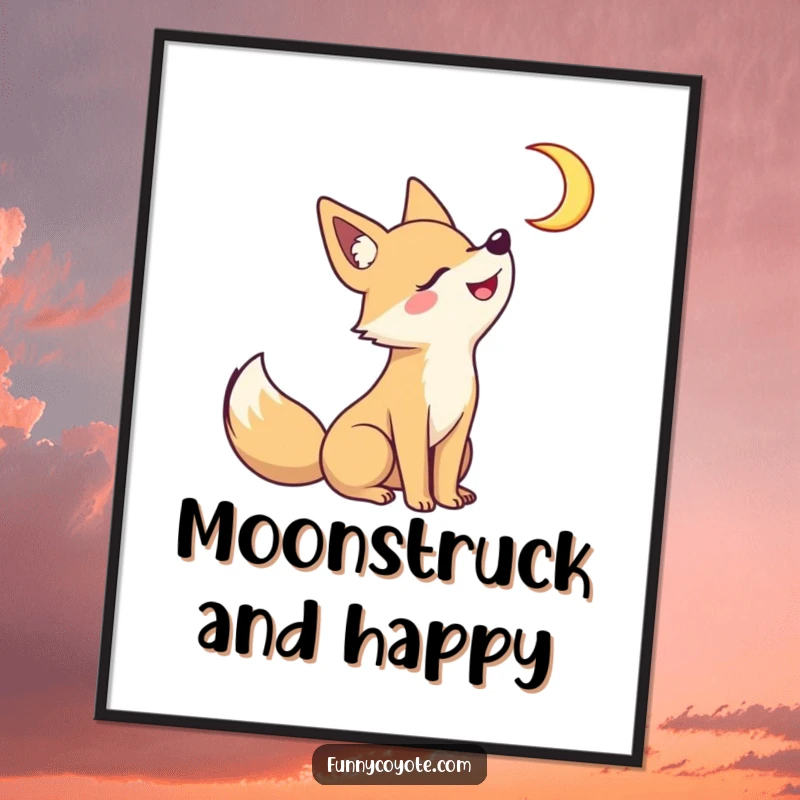 Funny Kawaii coyote howling at a crescent moon with a wide grin on a poster, capturing a playful and magical night scene.