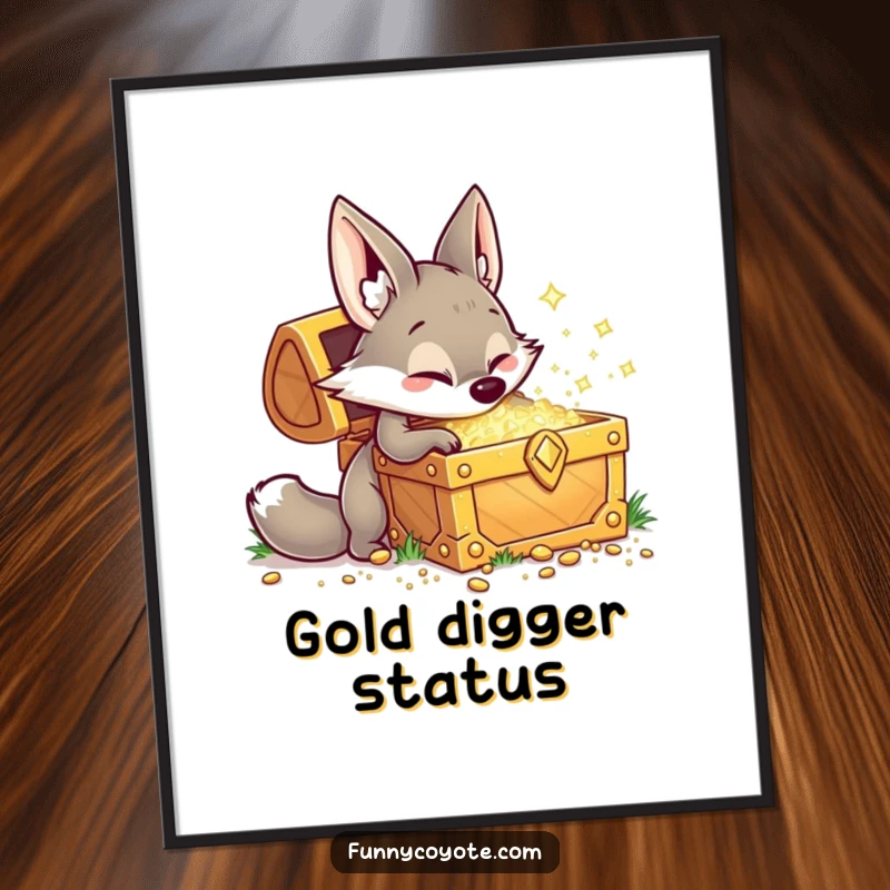 Funny Kawaii coyote digging with glee at a large, sparkling treasure chest on a poster, capturing pure playful excitement and reward.