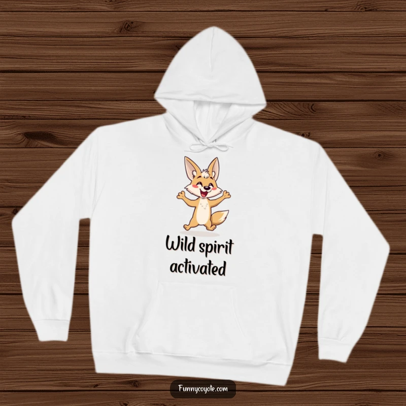 Funny Kawaii Coyote Hoodie featuring a cute coyote's energetic hop and happy yap, a cozy and humorous apparel choice.