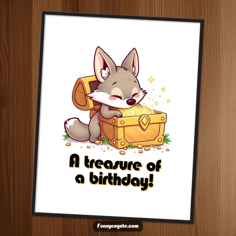 Funny Free Printable Wall Art: A playful illustration of a kawaii coyote digging with excitement at a giant, sparkling treasure chest.