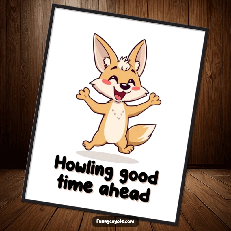 Funny Free Printable Wall Art: Kawaii Coyote doing a comical, energetic hop with a happy yap, full of life.