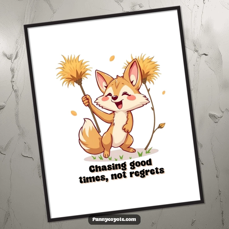 Funny Free Printable Wall Art: Kawaii Coyote reaching for a falling, vibrant tumbleweed in a playful chase.