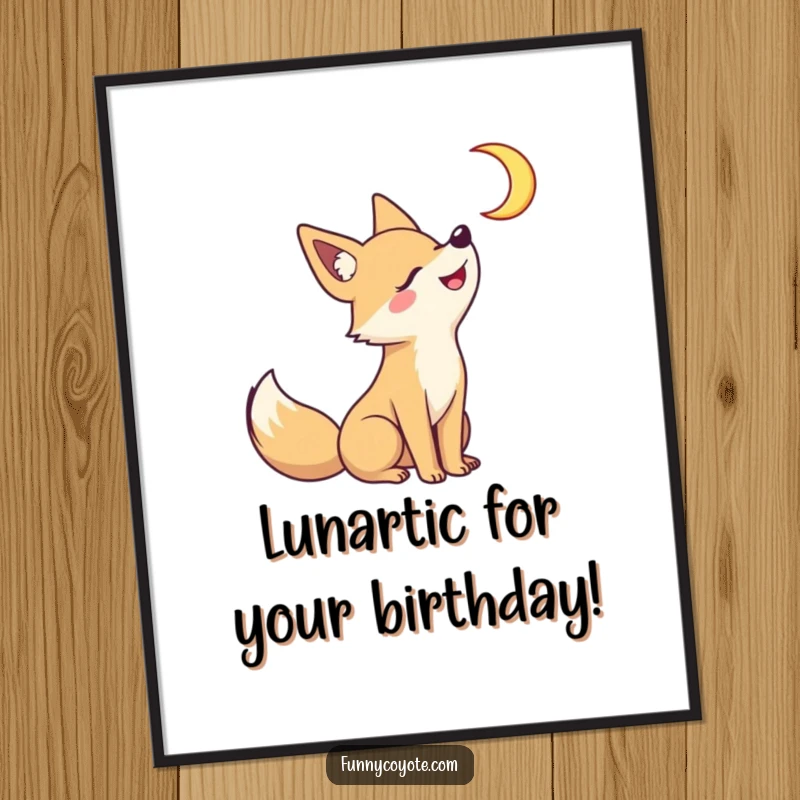Funny Free Printable Wall Art: A charming illustration of a kawaii coyote howling with delight at a bright crescent moon, wide grin.