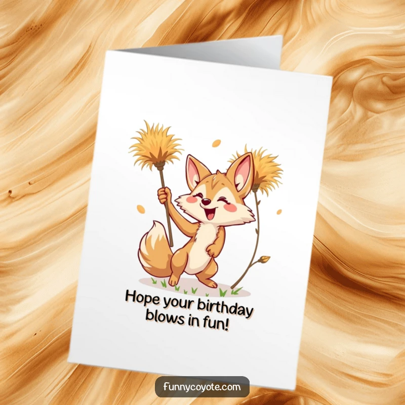 Funny Free Printable Birthday Card: Kawaii Coyote playfully reaching for a vibrant, falling tumbleweed.