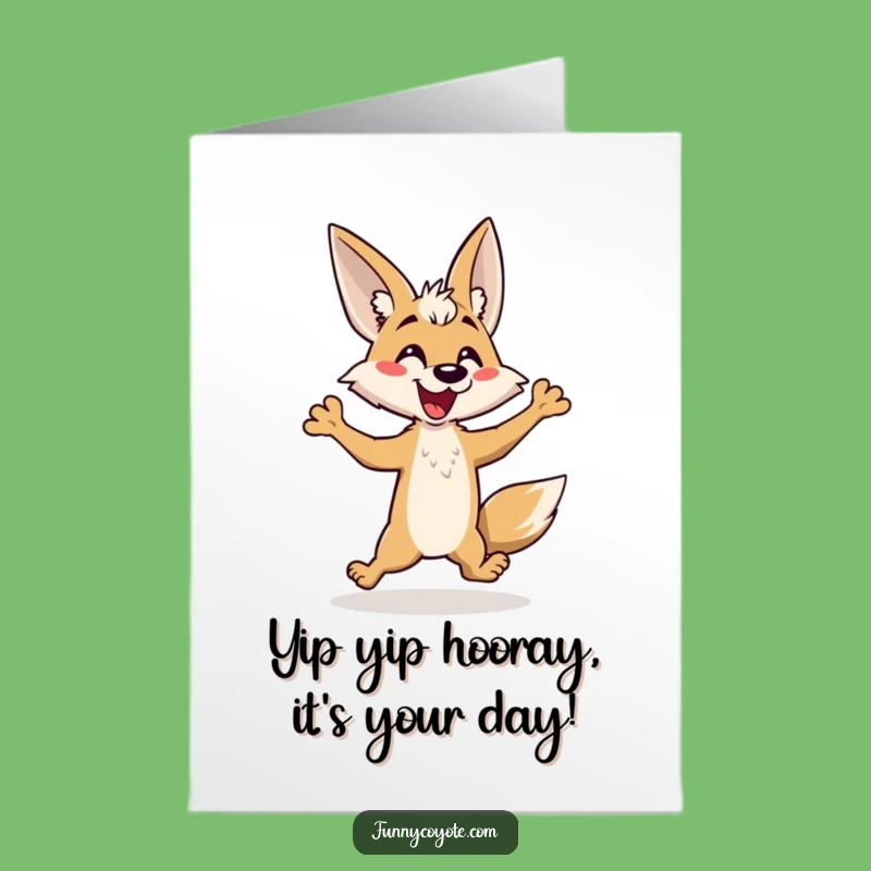 Free Printable Birthday Card: Funny Kawaii Coyote Yapping with Joyful Hop