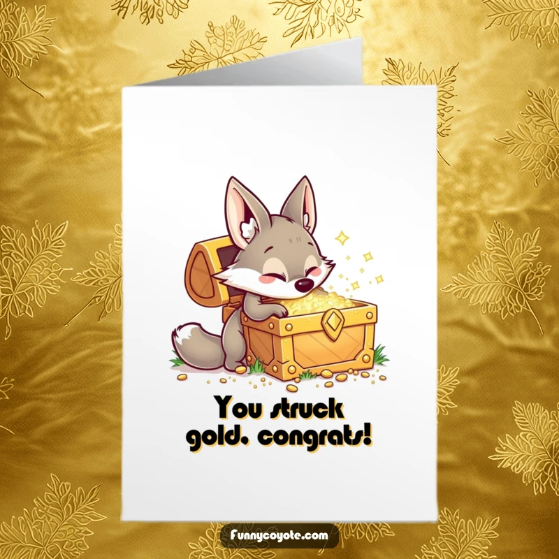 Funny Free Printable Congrats Card: A playful kawaii coyote digging for a giant treasure chest filled with sparkling gold.