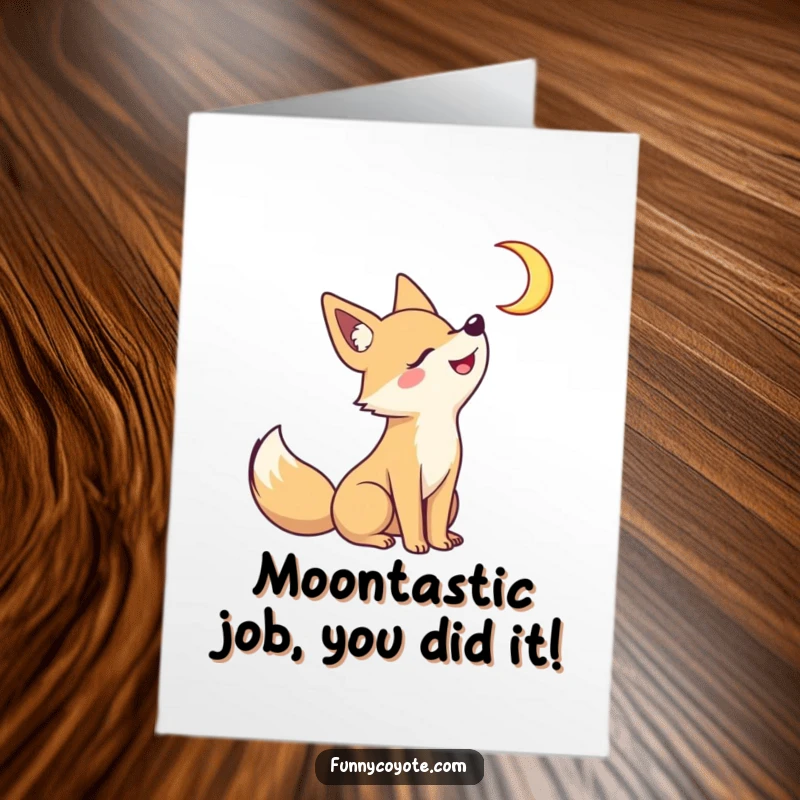 Funny Free Printable Congrats Card: A playful kawaii coyote howling at a crescent moon, celebrating with a big smile.