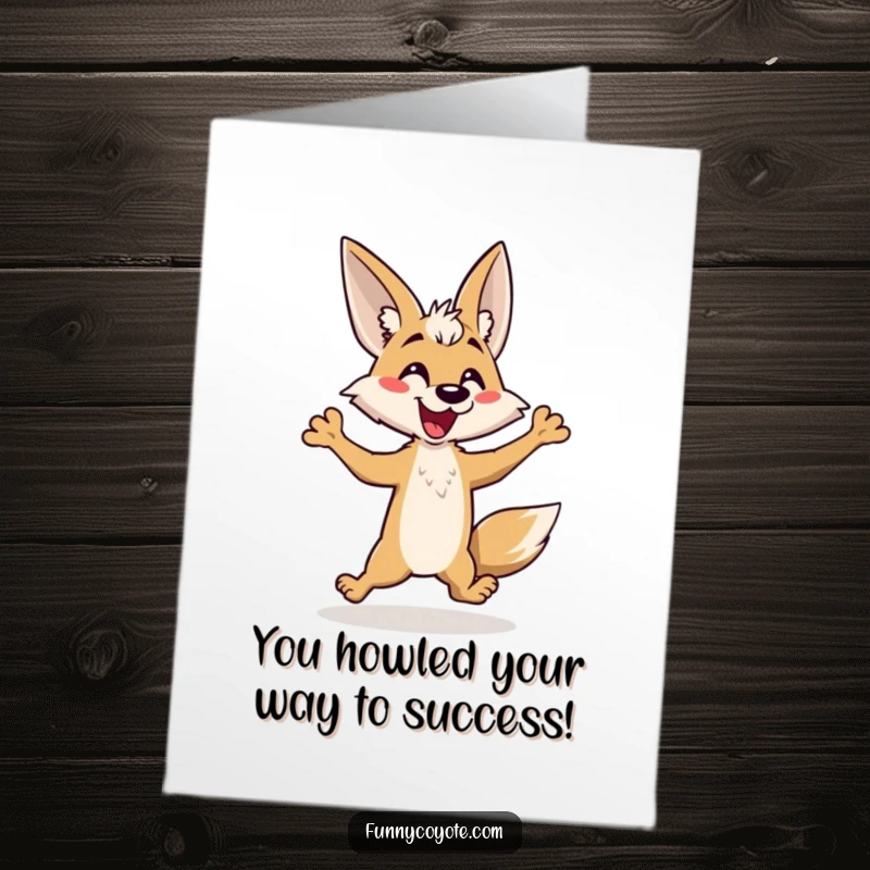 Funny Free Printable Congrats Card: Kawaii Coyote doing a comical, energetic hop with a happy yap.