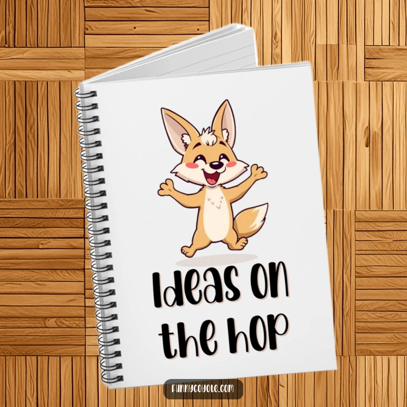 Funny Kawaii Coyote Notebook with a coyote mid-hop, designed for jotting down notes with humorous energy.