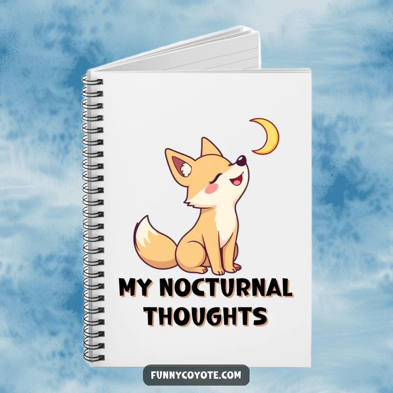 Funny Kawaii coyote howling at a crescent moon with a grin on a notebook cover, perfect for capturing nocturnal thoughts and creative ideas.