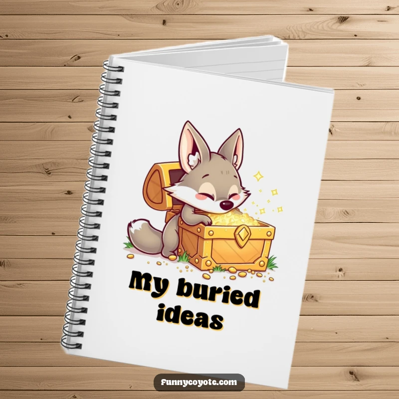 Funny Kawaii coyote digging at a giant, sparkling treasure chest on a notebook cover, perfect for capturing adventurous thoughts and discoveries.