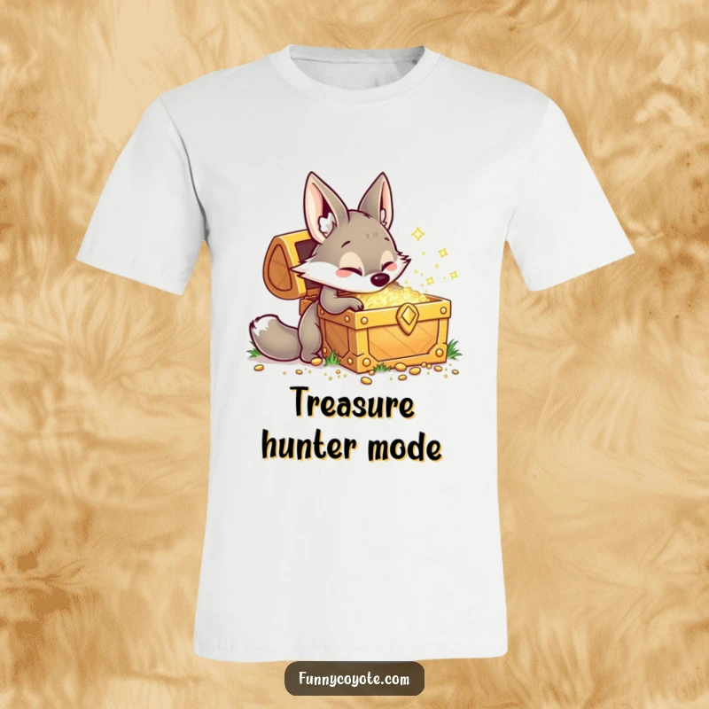 Funny Kawaii coyote digging energetically at a giant, sparkling treasure chest with a wide grin on a t-shirt, embodying playful discovery.