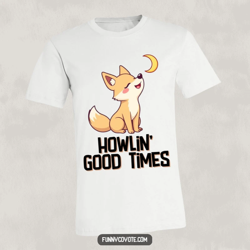 Funny Kawaii coyote howling with a grin at a crescent moon on a t-shirt, embodying playful nocturnal energy and fun.