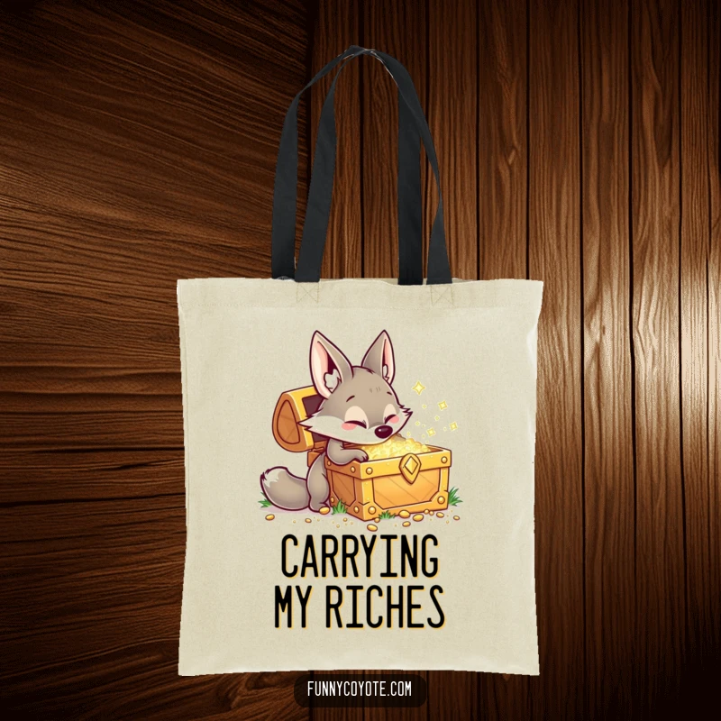 Funny Kawaii coyote digging at a giant, sparkling treasure chest with a grin on a tote bag, perfect for carrying found treasures.