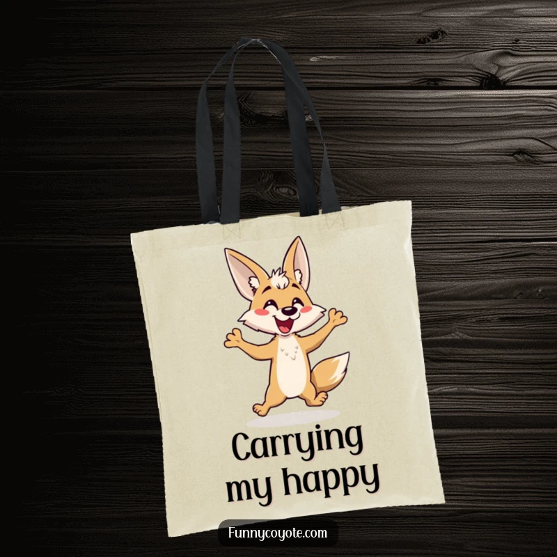 Funny Kawaii Coyote Tote Bag showcasing a coyote's comical hop and happy yap, a practical and humorous accessory.