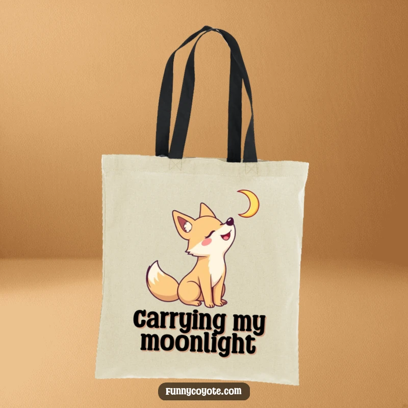 Funny Kawaii coyote howling at a crescent moon with a grin on a tote bag, perfect for carrying nocturnal essentials with style.